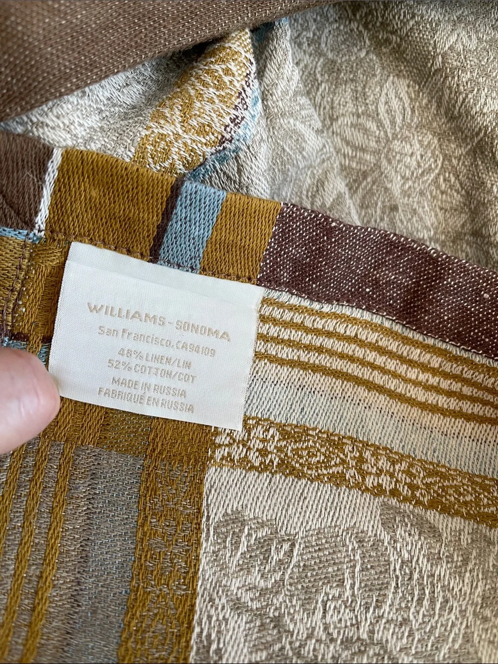 Williams Sonoma Brown Cream and Blue Striped Floral Table Runner
